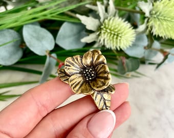 Solid brass hibiscus button figurine, Beautiful metal flower, Blooming flower miniature, Charming gift for her