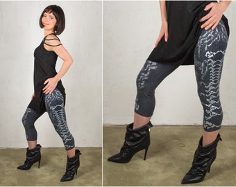 Post Apocalyptic Cyberpunk printed Leggings as Festival Rave Wear with Sacred Geometry Cyber Goth Arcana Print