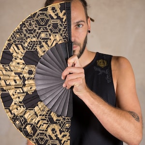 Black Hand Fan | Folding hand fans with Sacred Geometry | Fächer | Sacred Geometry | Hand Fan Cube