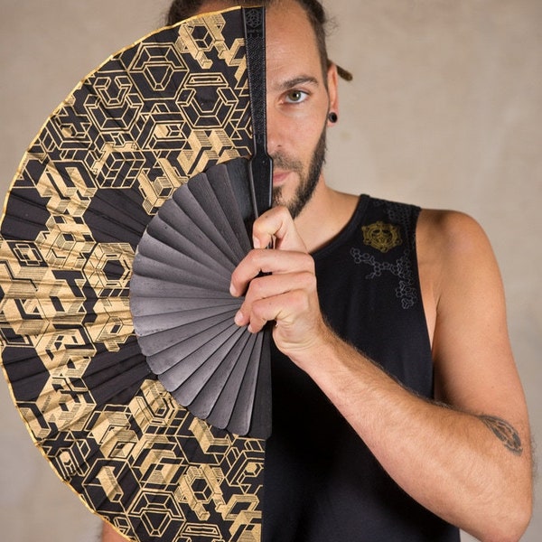 Black Hand Fan | Folding hand fans with Sacred Geometry | Fächer | Sacred Geometry | Hand Fan Cube