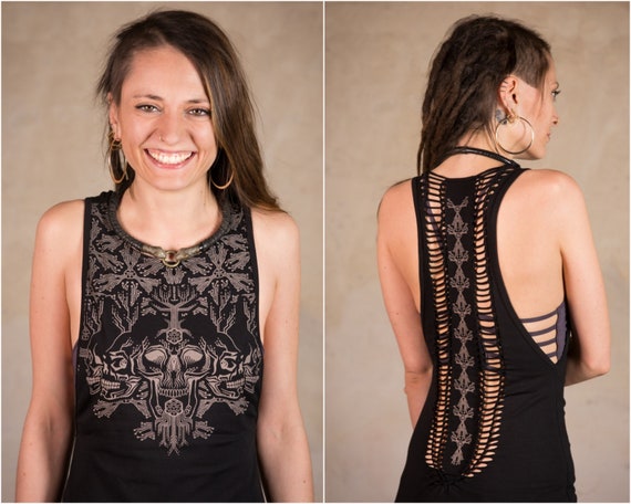 Goth Top | amazing cut top with skull print | Cyberpunk Clothing | Dark Mori | Gothic Clothing | She-Ra Top Black