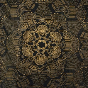 May include: A black and gold geometric pattern with a repeating design. The pattern is intricate and detailed, with a central motif of a star.