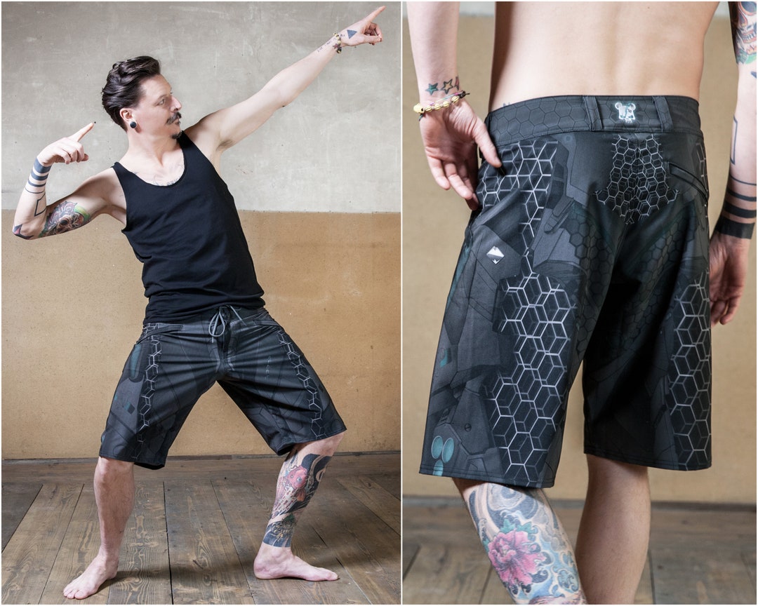 Post Apocalyptic Board Shorts and Futuristic Clothing Men Swimming Shorts  for Festivals and Beach Wear Cy-bear 