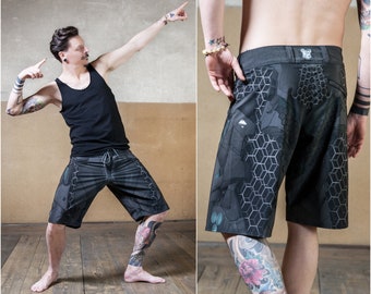 Post Apocalyptic Board Shorts and Futuristic Clothing Men Swimming Shorts for Festivals and Beach Wear Cy-Bear