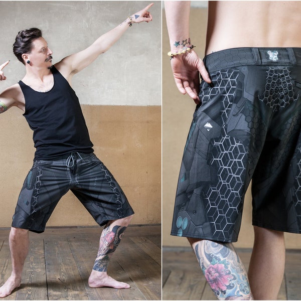 Post Apocalyptic Board Shorts und Futuristische Kleidung Männer Badeshorts für Festivals und Strand tragen Cy-Bear