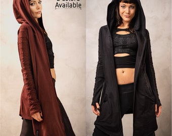 Black and Red Cardigan Women Red Riding Hood for Larp Cosplay Dark Gothic Streetwear Cape Coat Witch Outfit with Assassin Hood Rave Wear