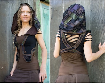 Upcycled Dark Mori patchwork vest with hood and Elven Wear Pixie Clothing and Bohemian Hippie Wear