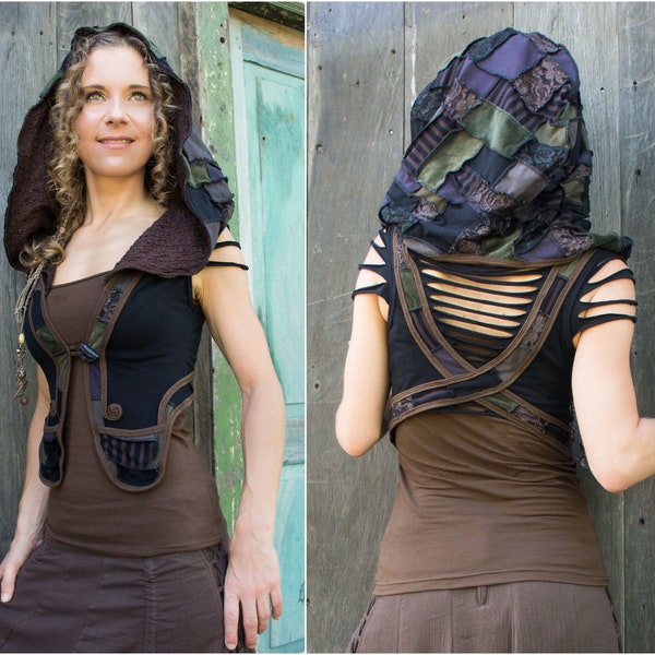 Upcycled Dark Mori patchwork vest with hood and Elven Wear Pixie Clothing and Bohemian Hippie Wear