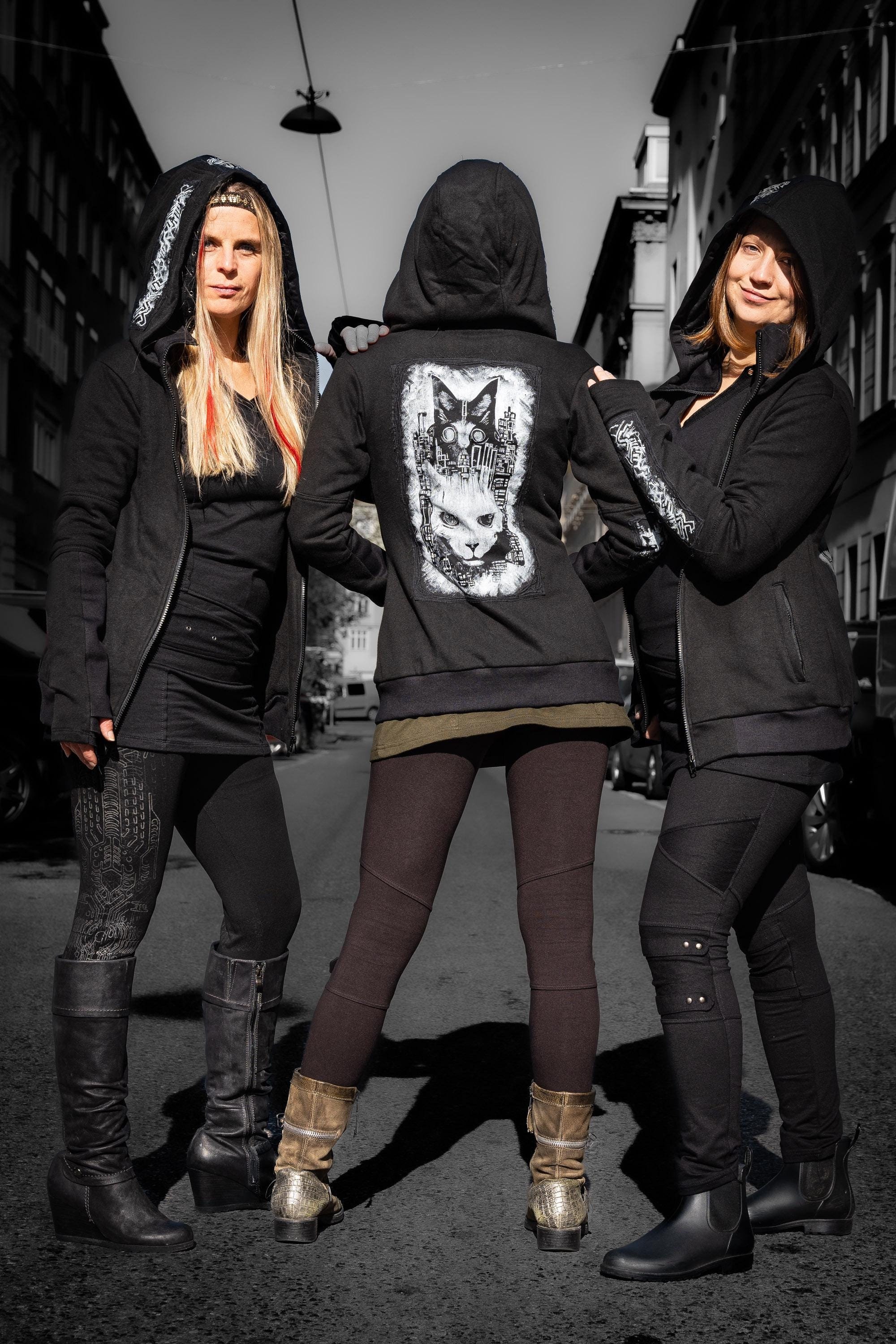 Cyberpunk Jacket With Stitched Cat Patchwork | Punk Style Skull CA 