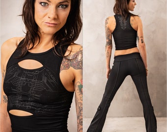 Goth Rave Top : Black on Black Dystopian Geometric Print, Eco-Friendly Modal Crop Top Mid Belly Yoga Festival Bare Midriff Tank Summer Shirt