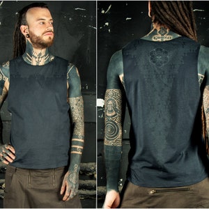 Goth Mens Shirt with Skull Print Geometry Shirt in Cyberpunk Post Apocalyptic Style for Goth Clothes and Death Metal Darkpsy