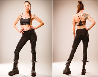 Goth Cyberpunk Leggings Dystopian Black in Black Shiny Motorcyle Gym Pant with Sacred Geometry black Print Gothic Clothing Sith Star Wars