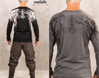 Witch Fox Tattoo Art Longsleeve Fairy Wolf handdrawn Motive Forest Goddes Dark Scorcerer Men Shirt Mystic Print with Moon Rune Design