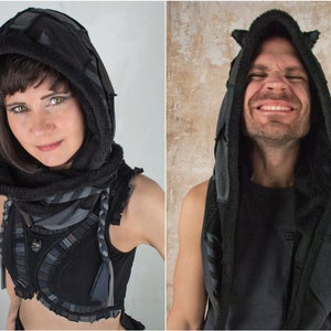 Black Cat Ears Hood with very soft Fleece Lining and Skull Cat Hooded Scarf  for Black Cat Cosplay as Wizard Witch Hood for Dark Mori