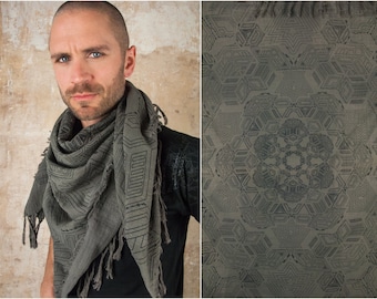 Grey Cotton Linen Scarf, Keffiyeh Shemag Military Shawl with Geometry Print, Star Wars Cosplay