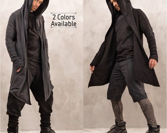 Futuristische Cyberpunk-Strickjacke in Übergröße: Herren-Kimono-Umhangmantel mit Kapuze für postapokalyptische Jedi- und dystopische Gothic-Wasteland-Cosplays