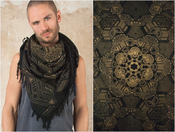 Cotton Linen Scarf with Sacred Geometry Print for Star Wars Cosplay as Keffiyeh Shemag Military Summer Scarf and Shawl