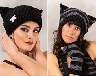 Cat Ear Beanie Hand knitted Crochet Kitty Party Hat for Gothic Clothes Wednesday Addams Cosplay Halloween Costume Pussy Hood Gift for Her