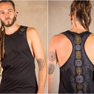 Samurai Shirt and men shirt with wide cut back | Sacred Geometry Shirt and Cyberpunk Clothing | Tron Shirt Black Gold