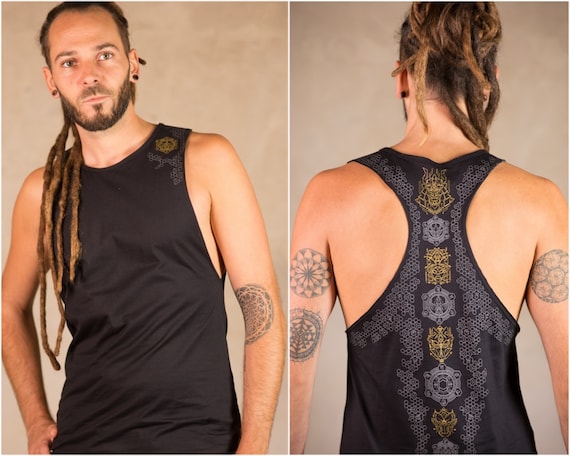 Samurai Shirt and men shirt with wide cut back | Sacred Geometry Shirt and Cyberpunk Clothing | Tron Shirt Black Gold