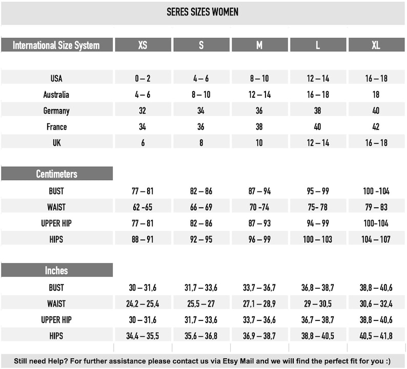 May include: A size chart for women's clothing with measurements in inches and centimeters. The chart includes sizes XS, S, M, L, and XL. The chart shows measurements for bust, waist, upper hip, and hips.