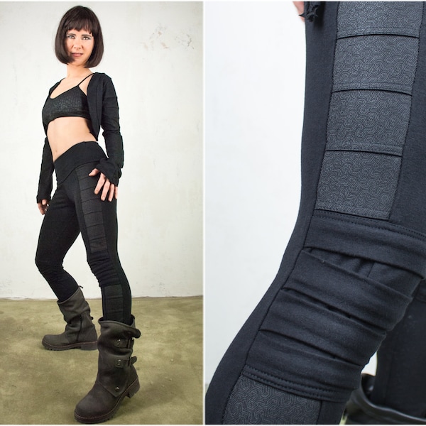 Cyberpunk Post Apocalyptic Leggings mit Sacred Geometry schwarz Druck für Gothic Kleidung und Asashin Steampunk Leggings