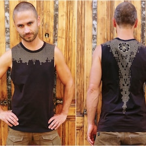 Skull Geometry Shirt with Gold Print in Post Apocalyptic Cyberpunk Style and Goth Pirate Shirt