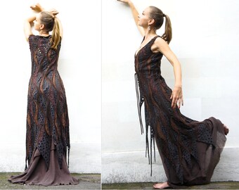 Long Fantasy Fairy Elf Cosplay Witch Dress Top Forest Fae Earthy colors Gorgerouse  Pixie Wedding Dress with brown Crochet Gift for her