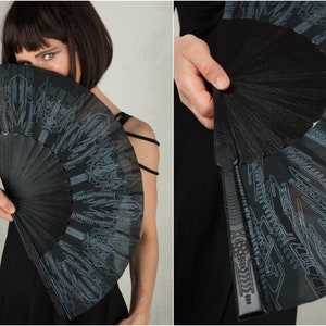 Goth Hand Fan and Folding hand fans with Sacred Geometry Cyberpunk Gothic Wedding Gift for Her 30cm