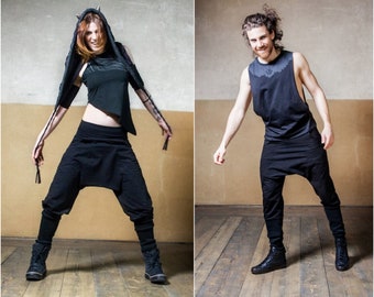 Ninja Hose | Haremshose Damen | Haremshose Herren | Cyberpunk Kleidung | Hose mit tiefem Schritt | Pumphose | Kreis Hose Schwarz