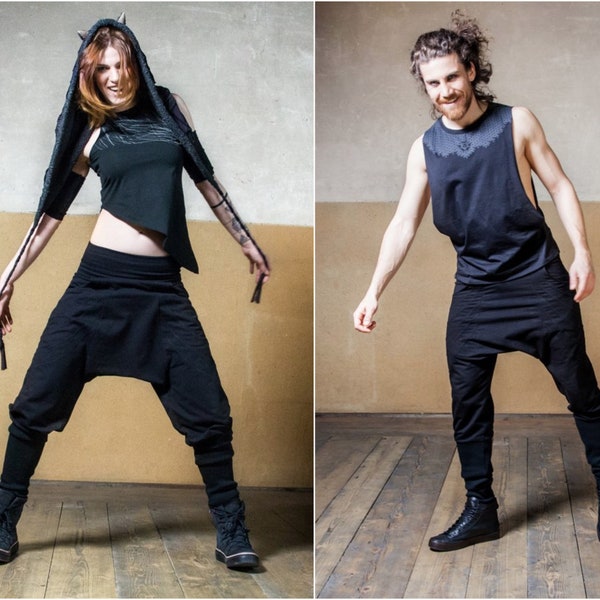 Pantalon Ninja | Sarouel Femme | Sarouel homme | Vêtements cyberpunk | Pantalon à entrejambe bas | Tuyau de pompe | Pantalon rond noir