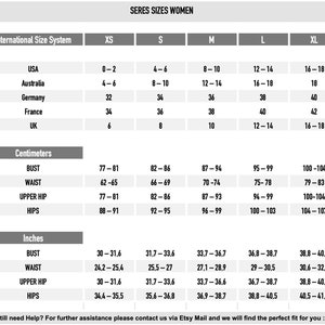 May include: A size chart for women's clothing, with measurements in inches and centimeters. The chart includes international size conversions for USA, Australia, Germany, France, and UK sizes, ranging from XS to XL. The chart also provides bust, waist, upper hip, and hip measurements.