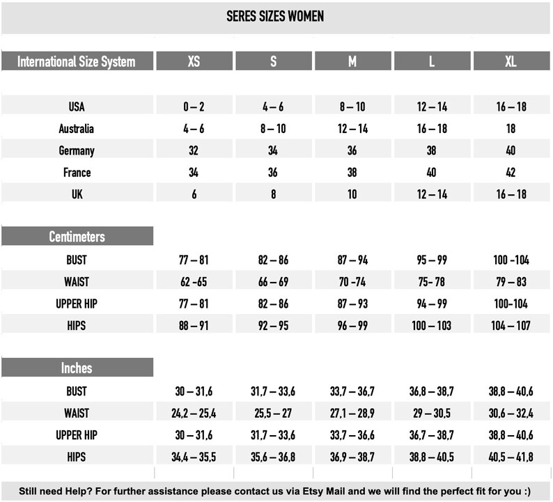 May include: A size chart for women's clothing, with measurements in inches and centimeters. The chart includes international size conversions for USA, Australia, Germany, France, and UK sizes, ranging from XS to XL. The chart also provides bust, waist, upper hip, and hip measurements.