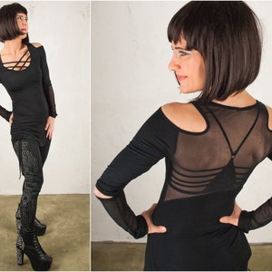 Post Apocalyptic Rave Goth Longsleeve and Gothic Witch Pagan Clothing with Net Aplications for Wicca Festival in Goth Style