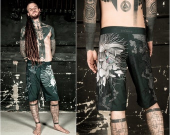 Mens Tattoo Festival Board Shorts and Surf Shorts with Cyberpunk Lion Print Beach Wear