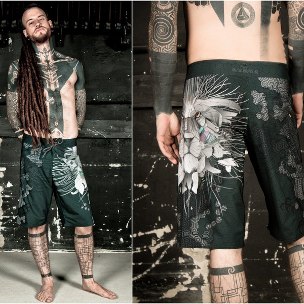 Shorts de surf et de surf pour festival de tatouage pour hommes avec tenues de plage à imprimé lion cyberpunk