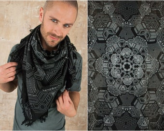 Sacred Geometry Scarf, Cotton Linen Keffiyeh Military Shawl