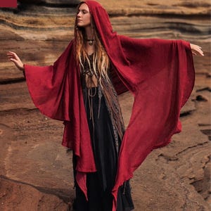 Hooded Witch Cape Red Riding Hood Goth Kimono Coat made of very soft  Organic Musselin Cotton Scarf Summer Festival Outfit Tunika Viking