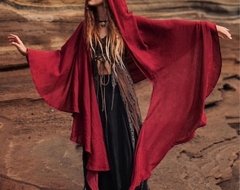 Hooded Witch Cape – Goth Kimono Coat in Organic Muslin Cotton – Festival Tunic