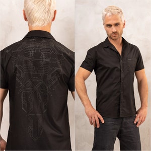 Men&#39;s Short-Sleeve Button Up Shirts Summer Button Down Tee Geometric Patterned Black on Black Gothic Men Clothing Festival Cyberpunk Sith