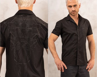 Men's Short-Sleeve Button Up Shirts Summer Button Down Tee Geometric Patterned Black on Black Gothic Men Clothing Festival Cyberpunk Sith