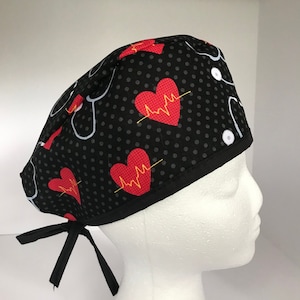 Red Heart EKG Scrub Hat: Handmade Cotton Surgical Cap