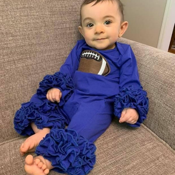 Football baby girl ruffle romper, royal blue football ruffle bodysuit, kentucky blue baby outfit, gameday romper