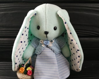Plush bunny toy, Blue Artist teddy rabbit toy, gift for bunny lovers