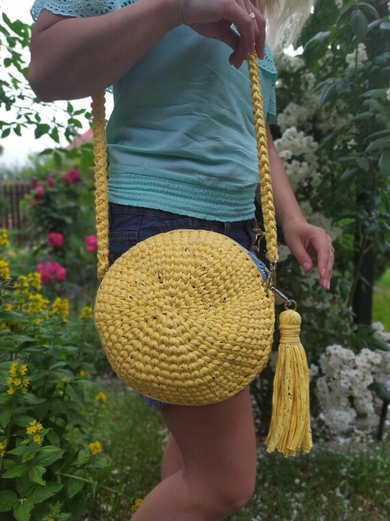 Hand Woven Crochet Crochet Round Purse in Eco Zpaghetti Yarn in 
