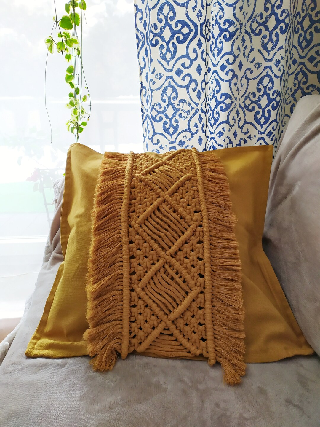 Boho Macrame Pillow Case Pillow Cover With Tassels Fringe Mustard