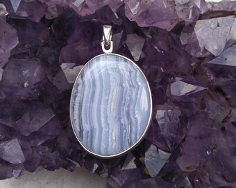 Blue Lace Agate reversible Pendant / Sterling Silver / Throat Chakra / Pisces Birthstone