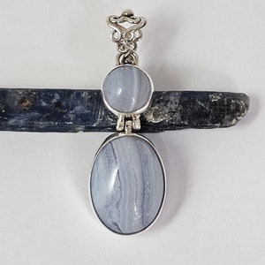 Double Gemstone Blue Lace Agate Pendant / Sterling Silver / Throat Chakra / Pisces Birthstone