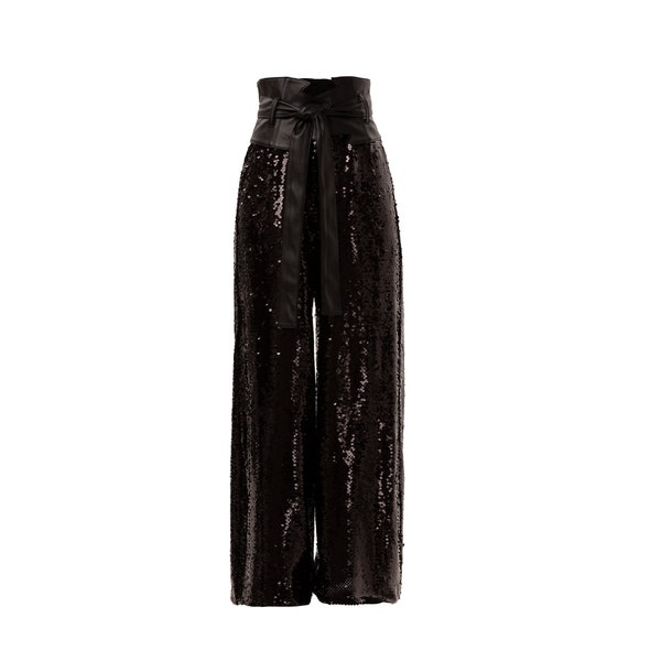 Anlass: Schwarze Palazzo-Paillettenhose für Damen / Modische Hose mit weitem Bein / Baggy-Hose für Damen im Abendkleid / Designer-Hose mit hoher Taille