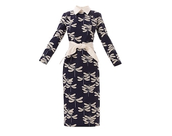 Blue Designer Fitted Dress With Dragonfly Print/ Printed Dress wit Belt/ Stylish Long Sleeve A-line Dress Women/ Designer Ankle Lenght Dress